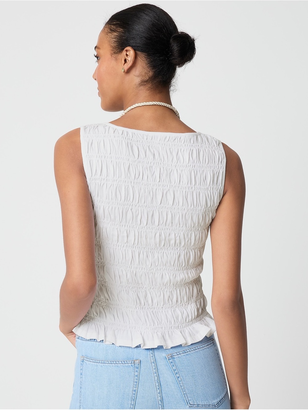 J. Crew White Smocked Tank Top with Ruffled Hem - Picture 3 of 5